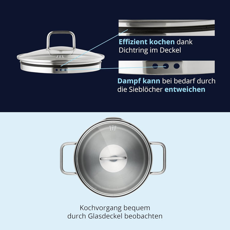 KHG Topfset 5-teilig Edelstahl mit Dünsteinsatz zum Dampfgaren, Induktion Kochtopf 16 cm, 20 cm, 24