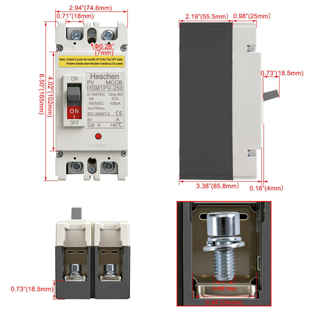 Heschen DC-Leistungsschalter MCCB, HSM1PV-250, 2-polig, DC550V 200A, Photovoltaik-Leistungsschalter,