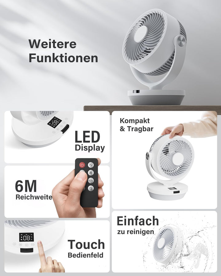 Tischventilator Leise für Schlafzimmer Büro 25dB, 33CM Ventilator mit Fernbedienung, Turbo Luftzirku