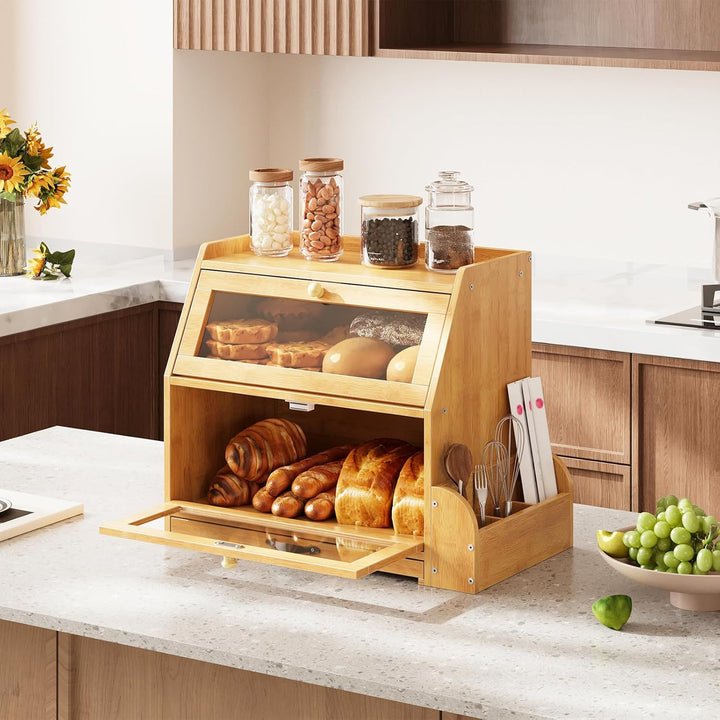HOOBRO 2-stöckiger Brotkasten Bambus mit Schneidebrett und Besteckhalter, Brotbox mit Acryltüren, Br