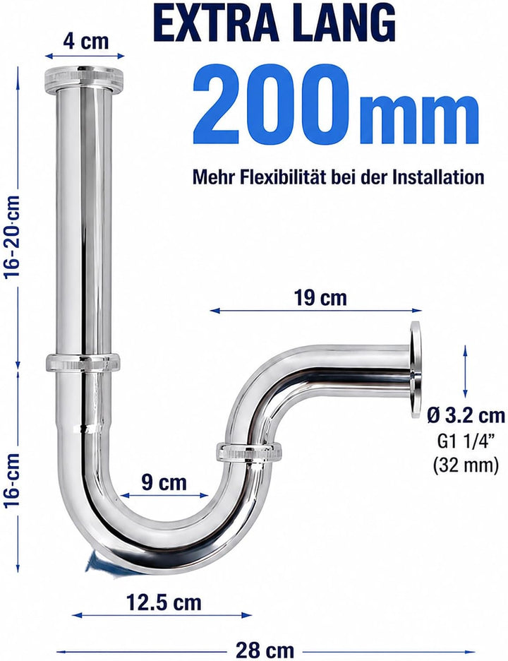Universal Siphon Waschbecken 200mm Extra Lang G1-1/4" Edelstahl Abflussrohr, Ablaugarnitur Waschbeck