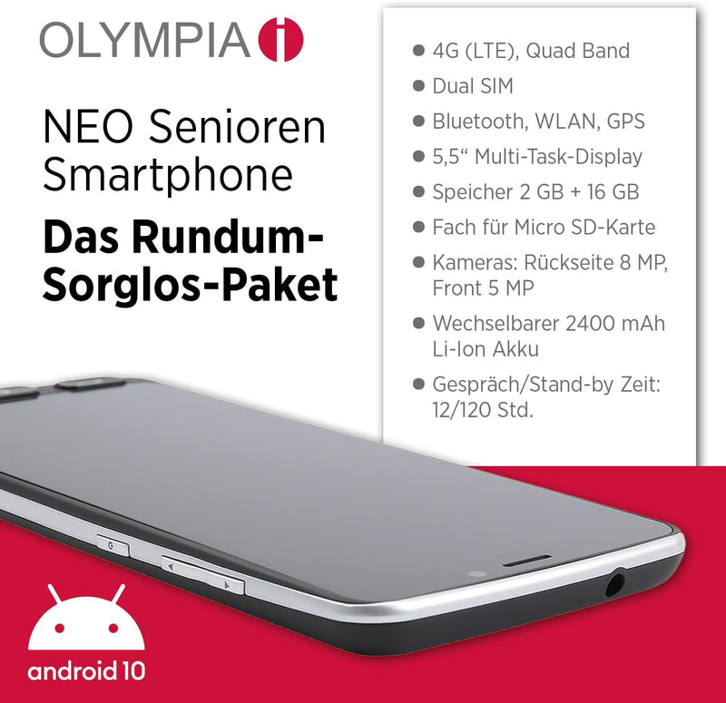 Olympia Neo 16 GB Smartphone für Senioren | Extragrosse Darstellung | Hörgerätekompatibel | Notrufta