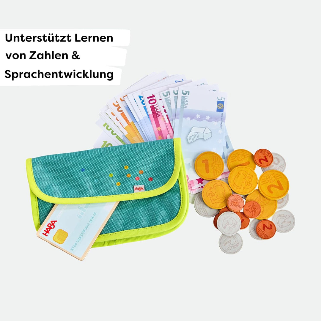 HABA Creative Play Spielgeld-Set – Geldbeutel für Kinder mit Holzmünzen, Geldscheinen & Spielgeld –