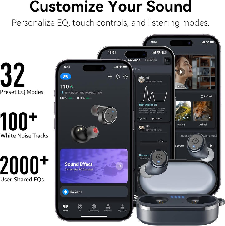 TOZO T10 Kopfhörer Kabellos Bluetooth In Ear mit Ladecase 55 Std. IPX8 | ENC für klare Anrufe und Kl