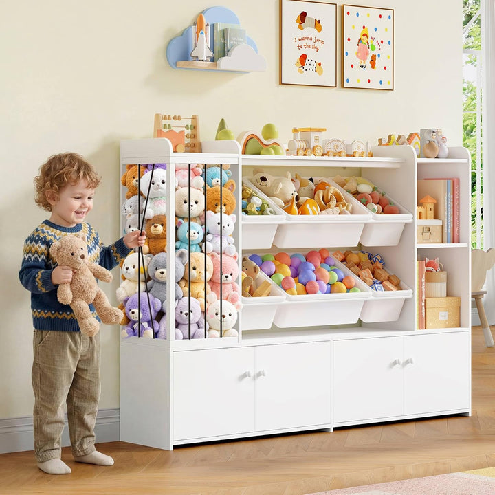 FOREHILL 137cm Breit Kinderregal, Kuscheltier Aufbewahrung, Bücherregal Kinder mit 6 Spielzeugkisten
