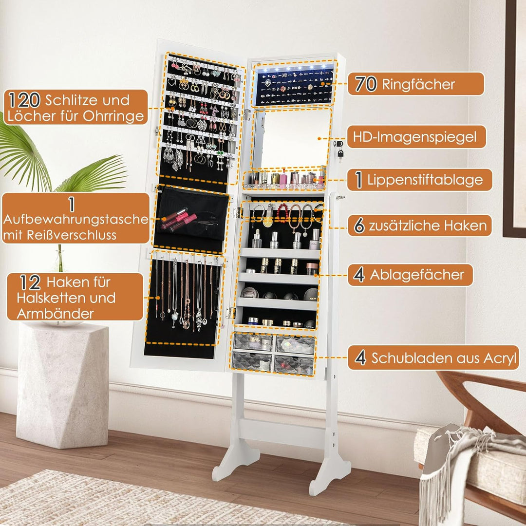 COSTWAY Schmuckschrank neigungsverstellbar, freistehender Schmuckregal mit Ganzkörperspiegel & inner