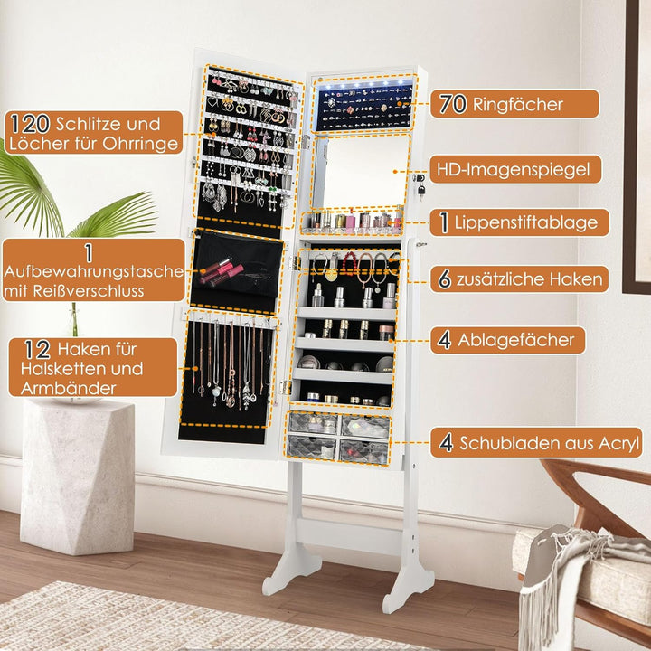 COSTWAY Schmuckschrank neigungsverstellbar, freistehender Schmuckregal mit Ganzkörperspiegel & inner