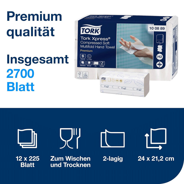 Tork Xpress komprimierte weiche Multifold-Papierhandtücher Weiss H2, Premium, 2‑lagig, Z‑Falz, saugf