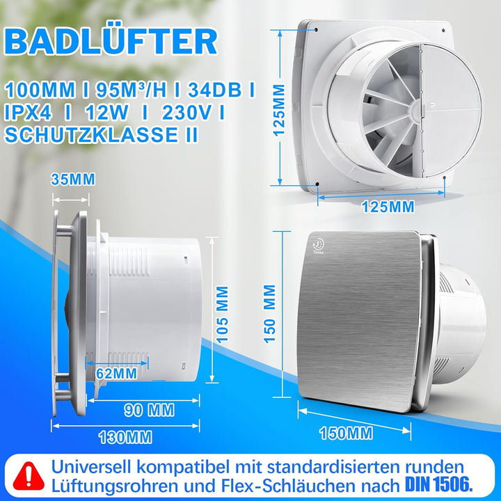 Badlüfter 100mm mit Nachlauf, ≤34db Leiser und Leistungsstarker Abluftventilator, 12W 2400U/m IPX4 W