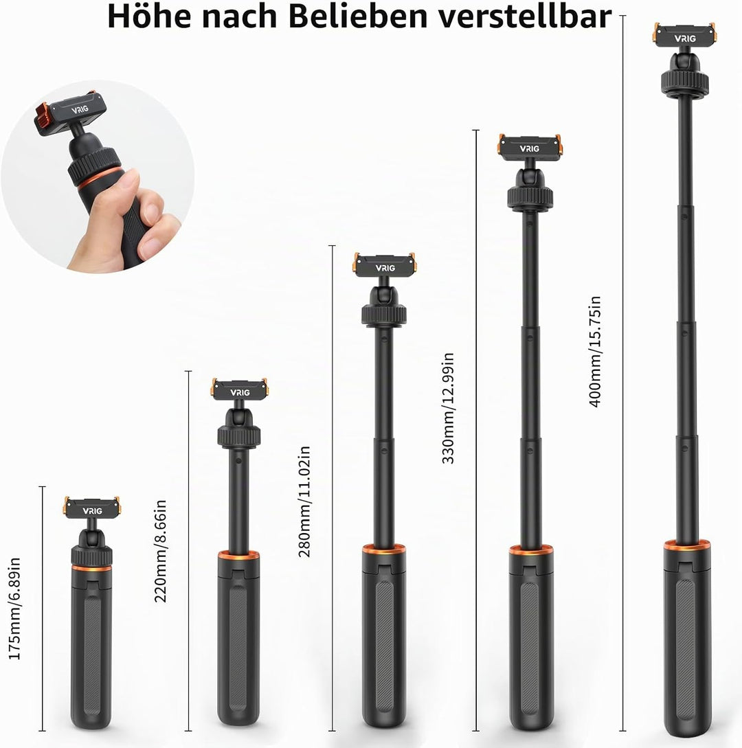VRIG 40cm Mini Selfie Stick Stativ für DJI Osmo Action 5 Pro/4/3, 360°-Kopf-Verlängerungsstativ, mag
