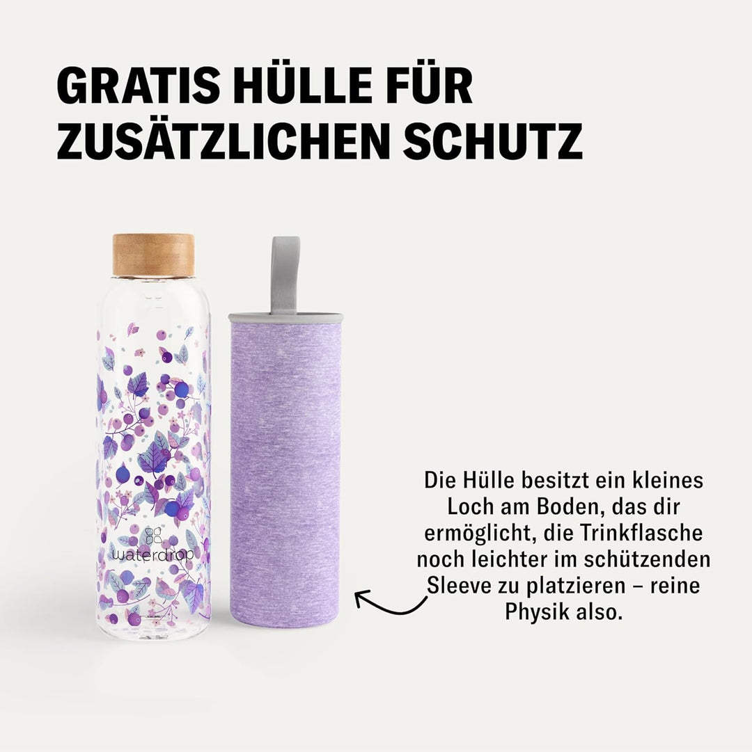 Waterdrop® Edition Glass Bottle 600ml Trinkflasche Glas auslaufsicher, Kohlensäure geeignet | BPA fr