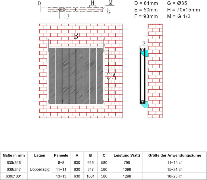 ELEGANT Paneelheizkörper Horizontal 630 x 616 mm Anthrazit Badezimmer/Wohnraum Doppellagig Horizonta