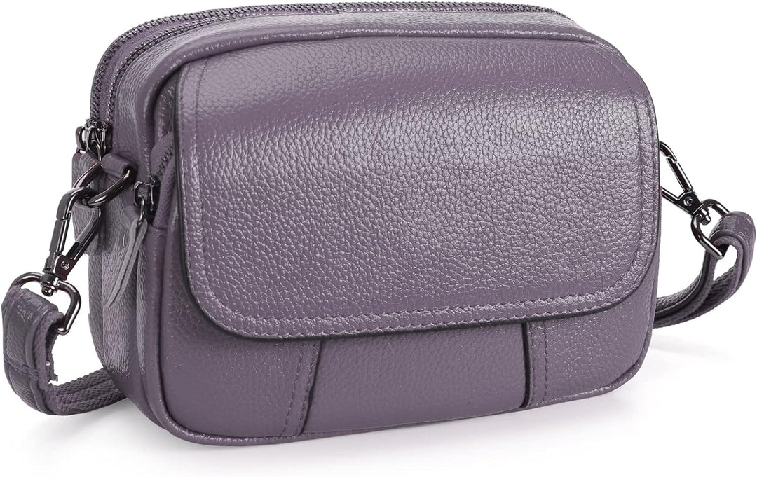 HAWEE Damen Handy Umhängetasche Echtes Leder Crossbody Schultertasche mit 3 Reissverschlüsse Kleine