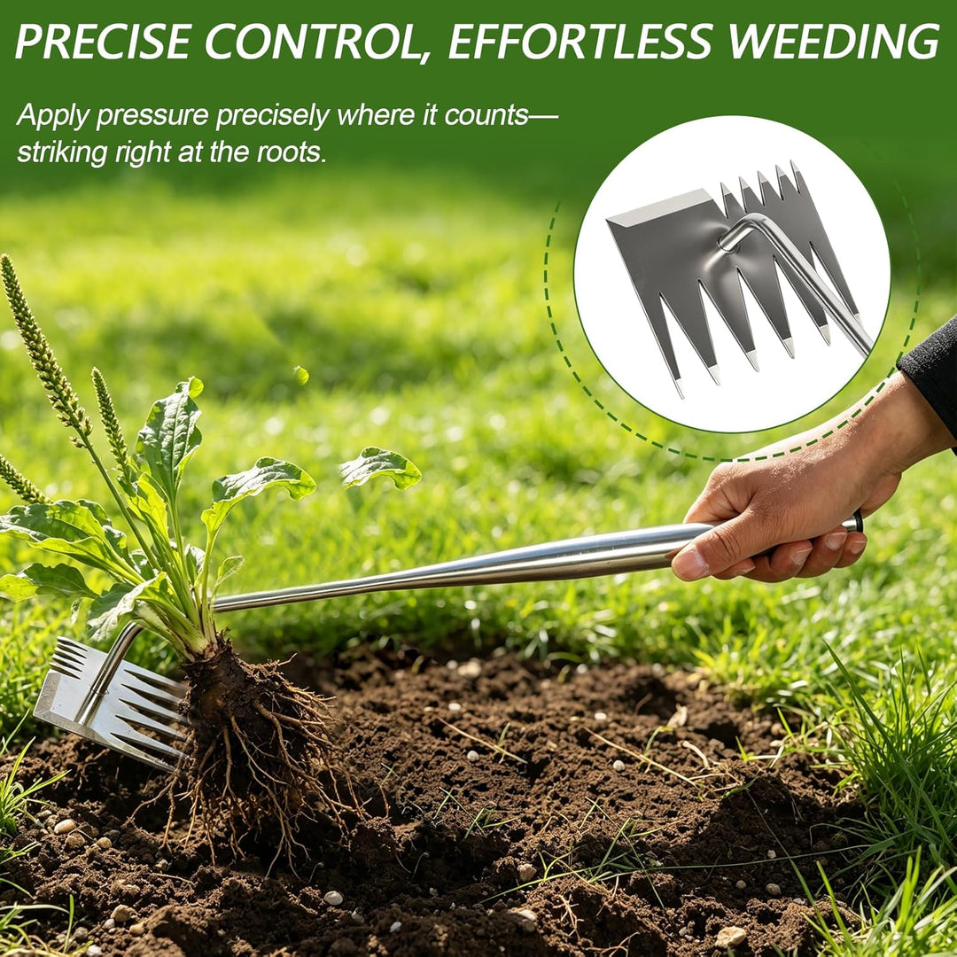 Unkrautentferner, 2-in-1 Unkrautjäter mit langem Stiel, Unkrautrechen und Gartenhacke, Effiziente Un