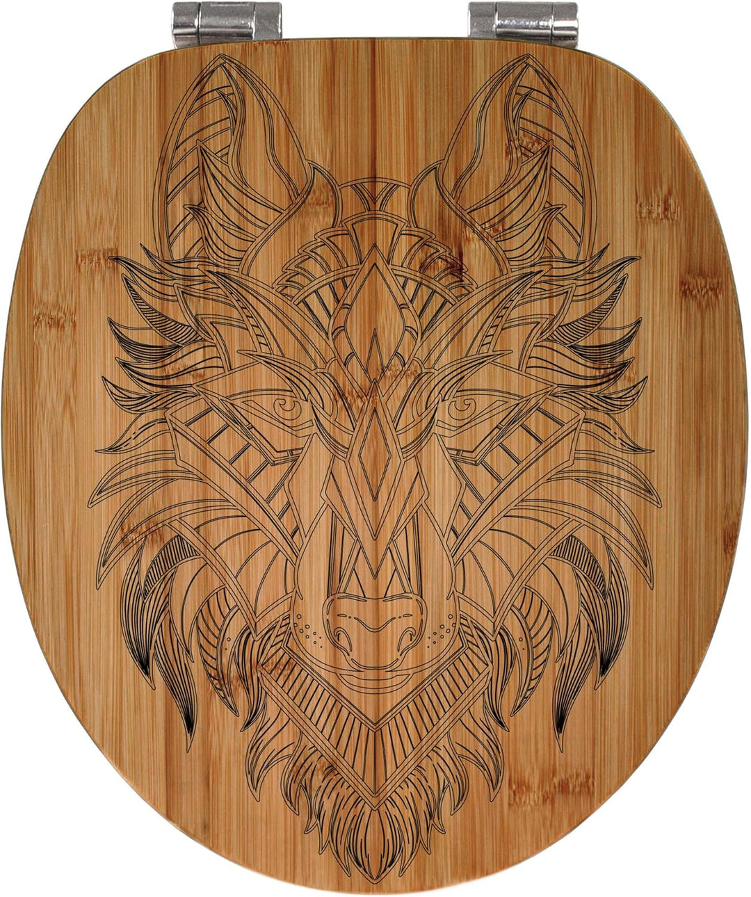 banjado® Hochwertig gravierter Design WC Sitz Bambus Absenkautomatik Wolf/Toilettendeckel mit Absenk