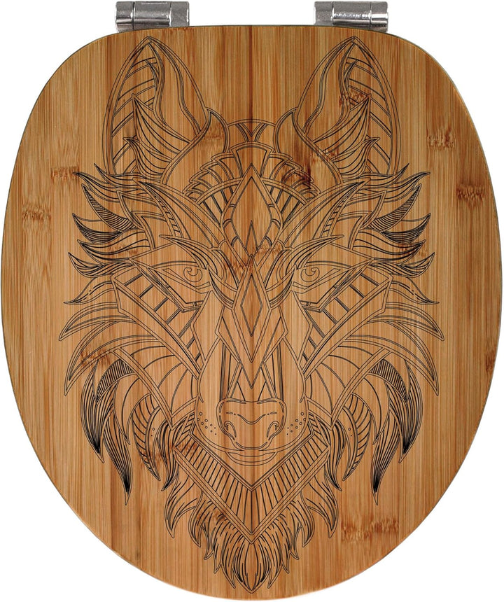 banjado® Hochwertig gravierter Design WC Sitz Bambus Absenkautomatik Wolf/Toilettendeckel mit Absenk