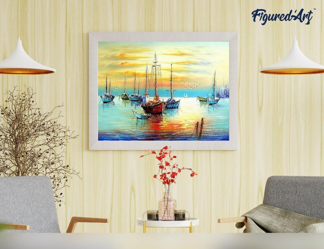 Figured'Art Malen Nach Zahlen Erwachsene Mit Rahmen Segelboote an der Küste - Paint by Numbers Baste