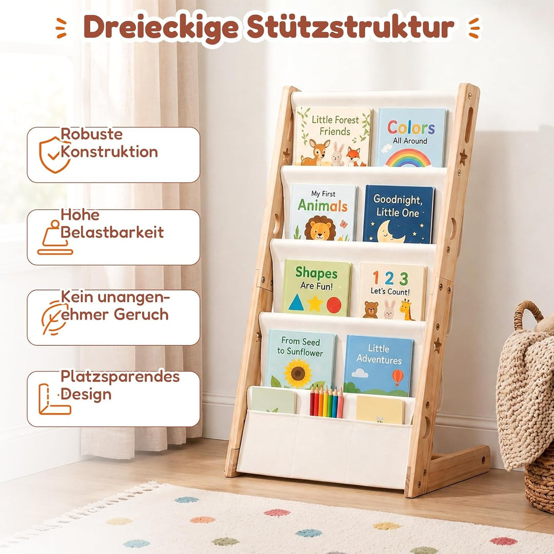COSYLAND Bücherregal Kinder aus Kiefernholz, 4 Tiefe Fächer für Übersicht | Cover frontal sichtbar,