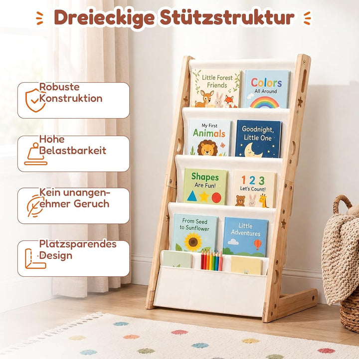 COSYLAND Bücherregal Kinder aus Kiefernholz, 4 Tiefe Fächer für Übersicht | Cover frontal sichtbar,