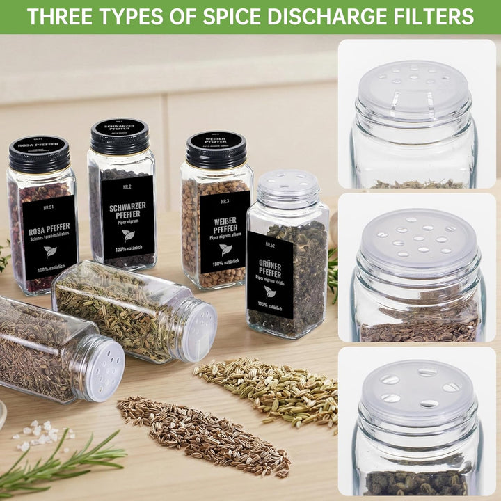 Gewürzgläser Eckig Set 24er, Gewürzdosen Glas 120ml, Gewürzstreuer Mit Schwarz Deckel, Gewürz Organi