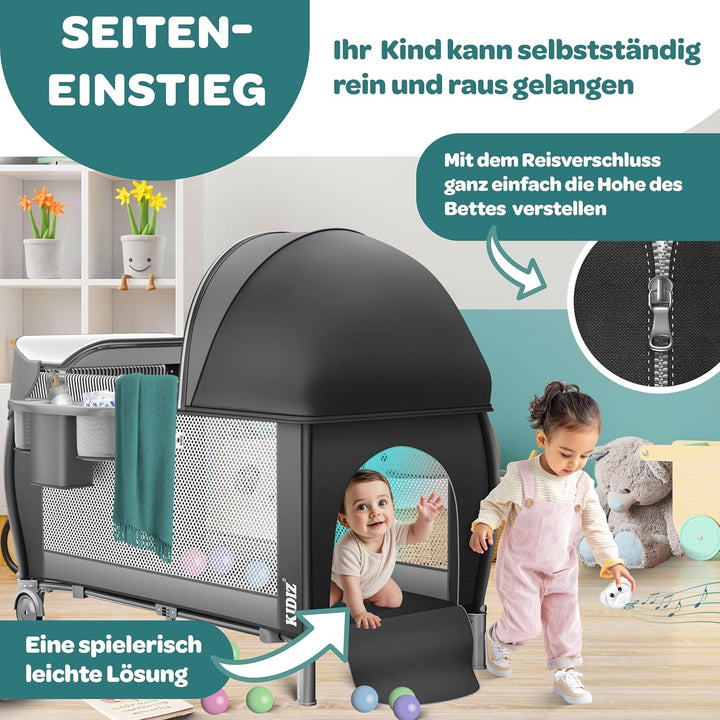 Kidiz® Babybett Reisebett Kinderreisebett klappbar mit Matratze & Räder 120x60, Seiteneingang, Wicke