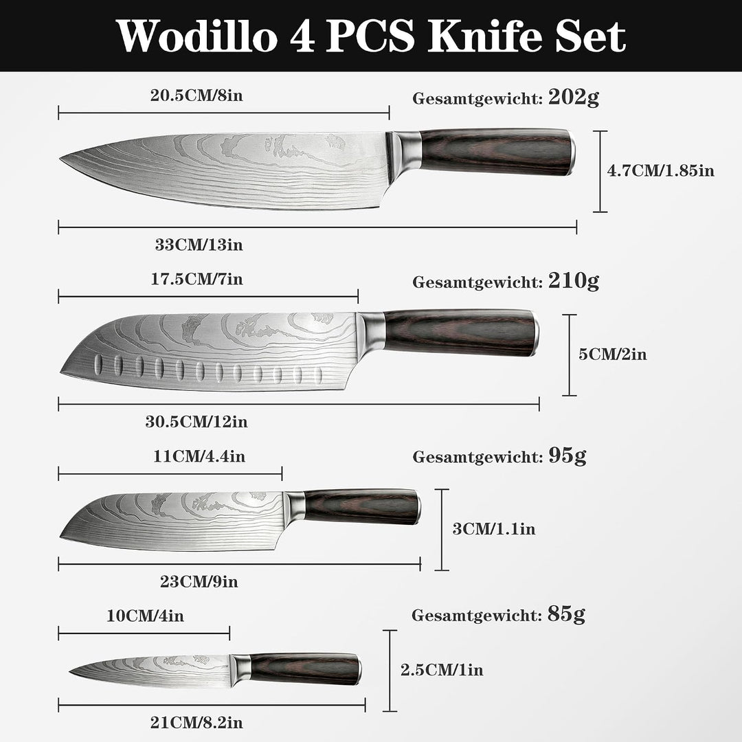 4-teilig Messerset, Carbon Rostfreier Spezialstahl, Ultra Scharf, Profi Allzweck Küchenmesserset mit