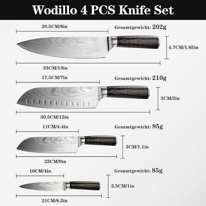 4-teilig Messerset, Carbon Rostfreier Spezialstahl, Ultra Scharf, Profi Allzweck Küchenmesserset mit