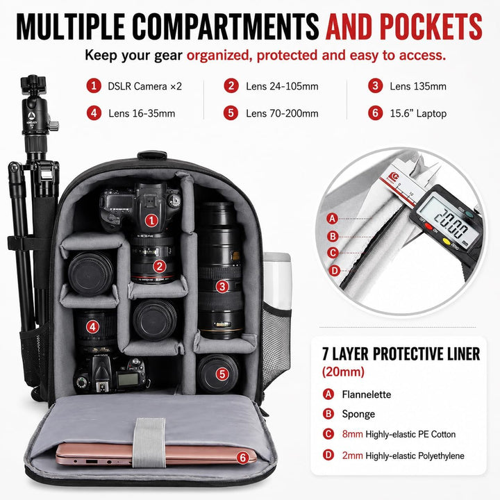 Cwatcun Kamerarucksack Camera Backpack Professioneller für spiegellose DSLR/SLR-Kamera, wasserdicht,