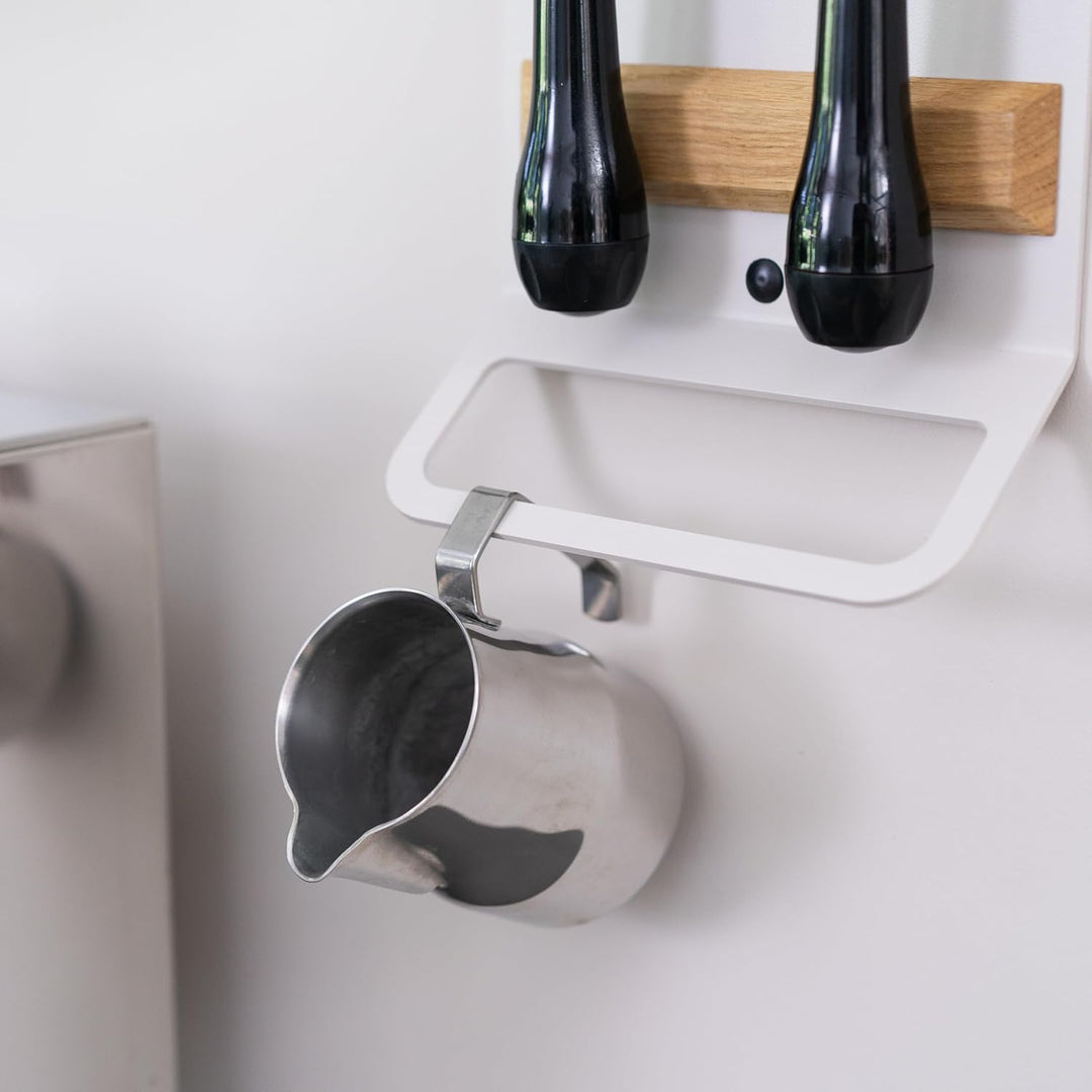 FLATE® Barista Rack Mini: Kompaktes Wandregal für Barista Zubehör mit Siebträgerhalter (Helles Graub