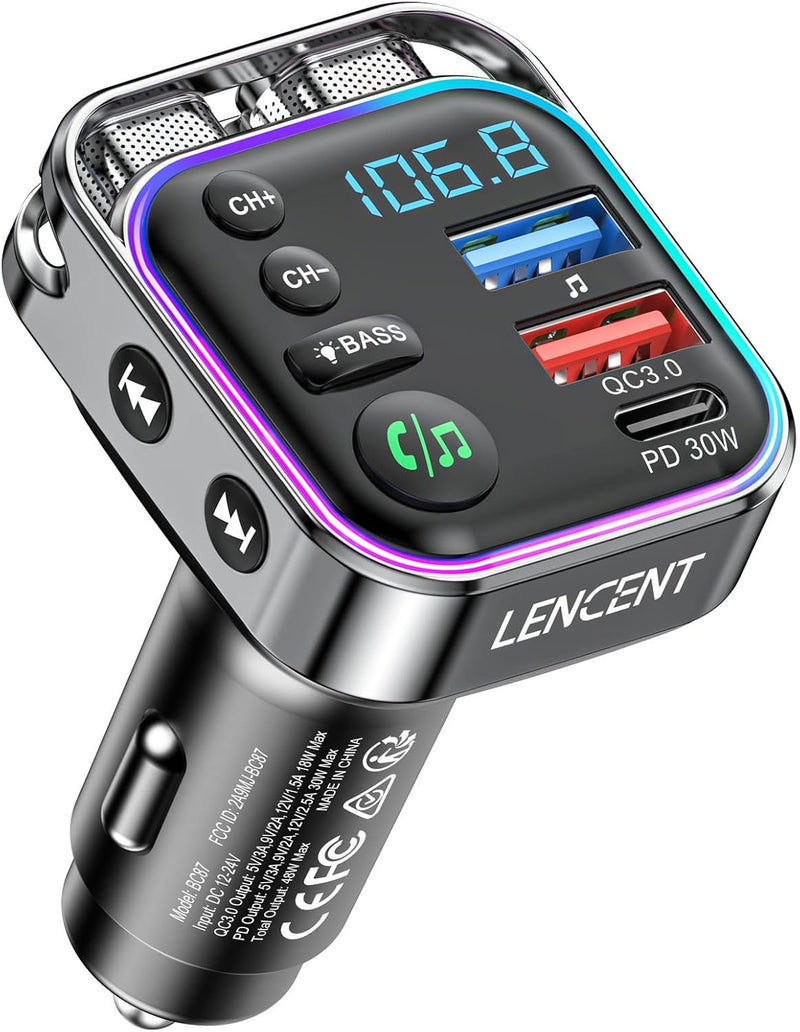 LENCENT Bluetooth FM Transmitter, Bluetooth 5,3, PD 30W & QC3.0 Schnellladegerät, Hi-Fi Musik klares