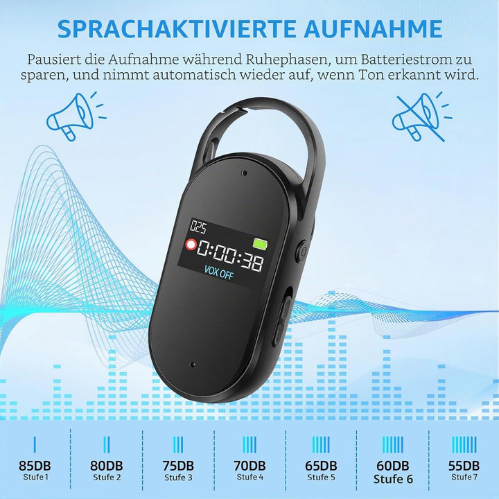 64 GB Digitales Diktiergerät - tragbarer Mini-Digitaler Audio-Aufnehmer mit Spracherkennung und MP3,
