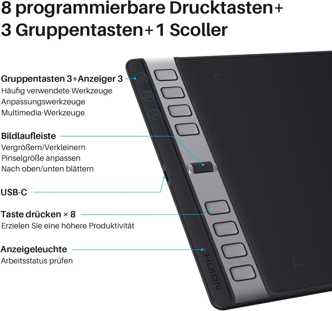 HUION Inspiroy 2 L Grafiktabletts, Tragbares Zeichentablett mit 8192 Stufen batterielosem Digitalsti
