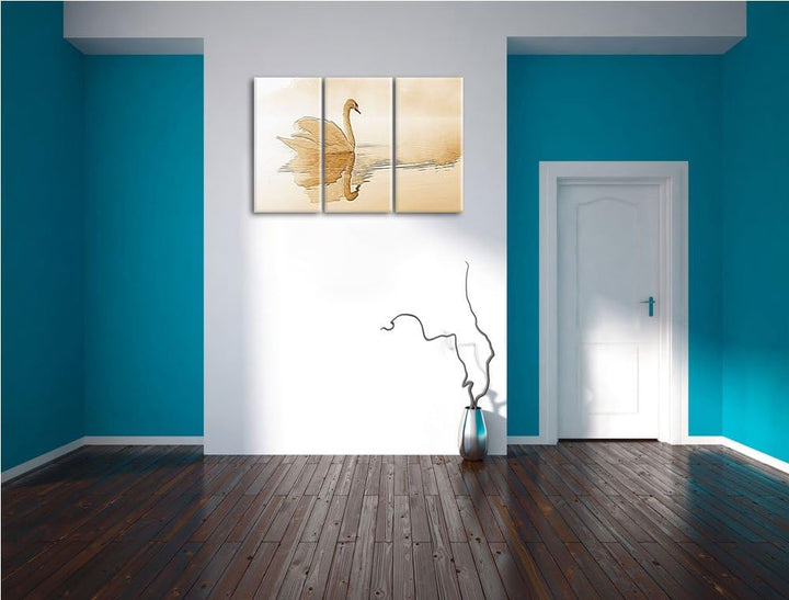 Weisser Schwan im Morgennebel Spezial 3-Teiler Leinwandbild 120x80 Bild auf Leinwand, XXL riesige Bi