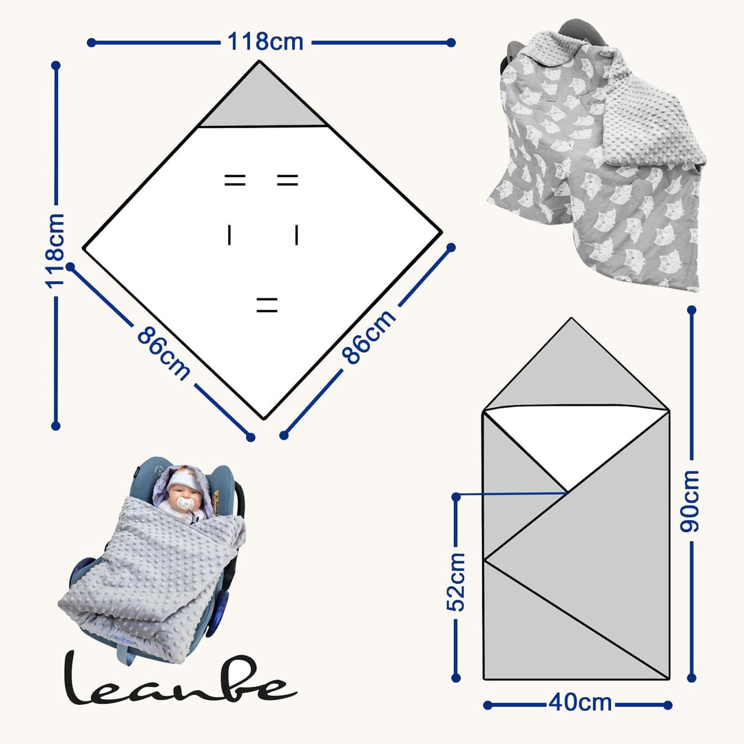 Baby Einschlagdecke Doppelseitig 86x86 cm Minky-Plüsch für Kinderwagen und Babybett (Grau Minky-Eule