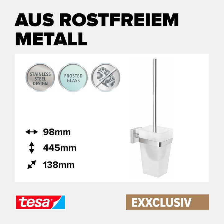 tesa EXXCLUSIV Toilettenbürsten-Set, verchromt, mit satiniertem Glas - zur Wandbefestigung ohne Bohr