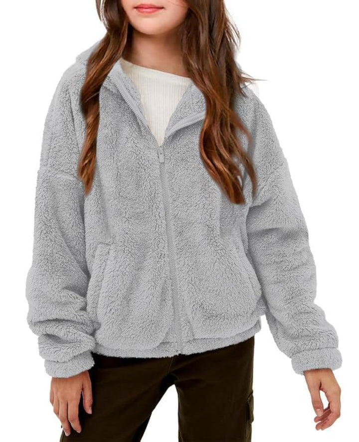 Haloumoning Mädchen Fleece Jacken Kinder Weich Fuzzy Kapuzenpullover Winter Coat Jacke 7-8 Jahre Gra