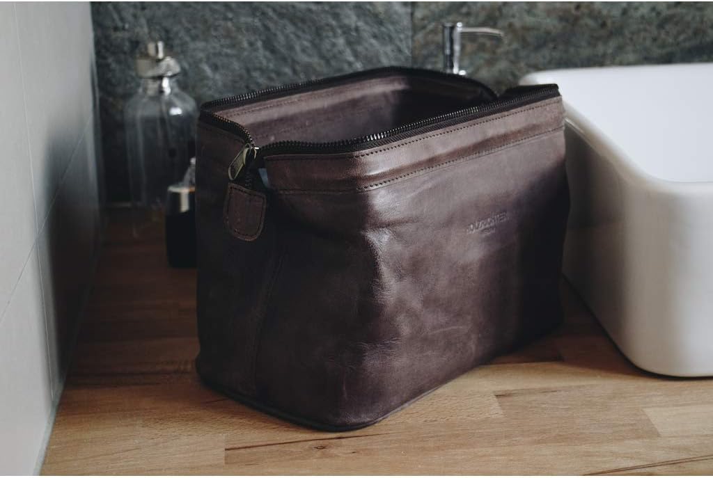 HOLZRICHTER Berlin Kulturbeutel No 5-1 (M) dunkel-braun - Grosse, hochwertige Kulturtasche handgefer
