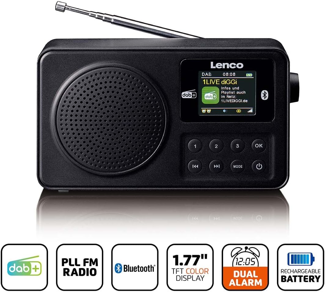 Lenco PDR-033BK DAB+ Radio tragbar – Bluetooth 5.3, FM, Akku, Farbdisplay, Wecker, Einschlaftimer, 3