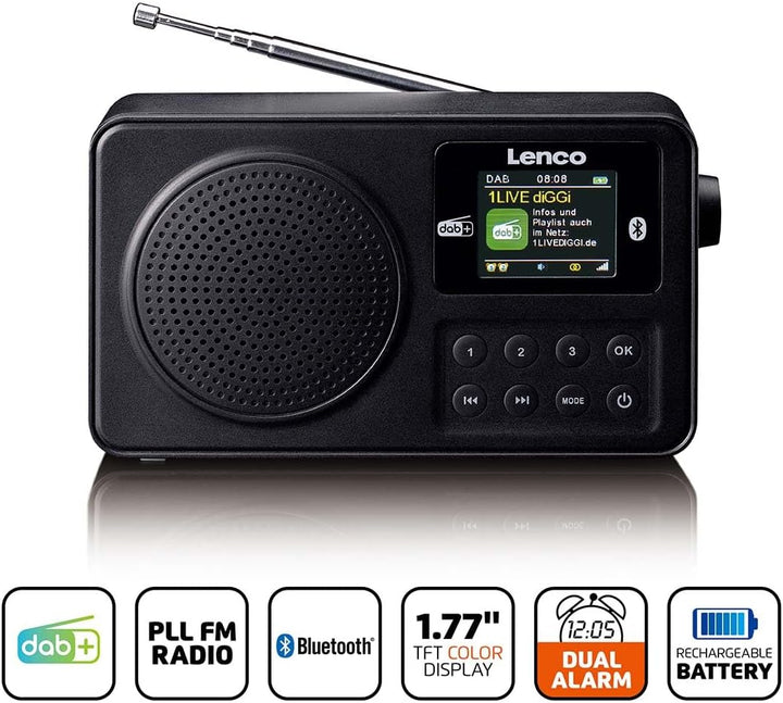 Lenco PDR-033BK DAB+ Radio tragbar – Bluetooth 5.3, FM, Akku, Farbdisplay, Wecker, Einschlaftimer, 3