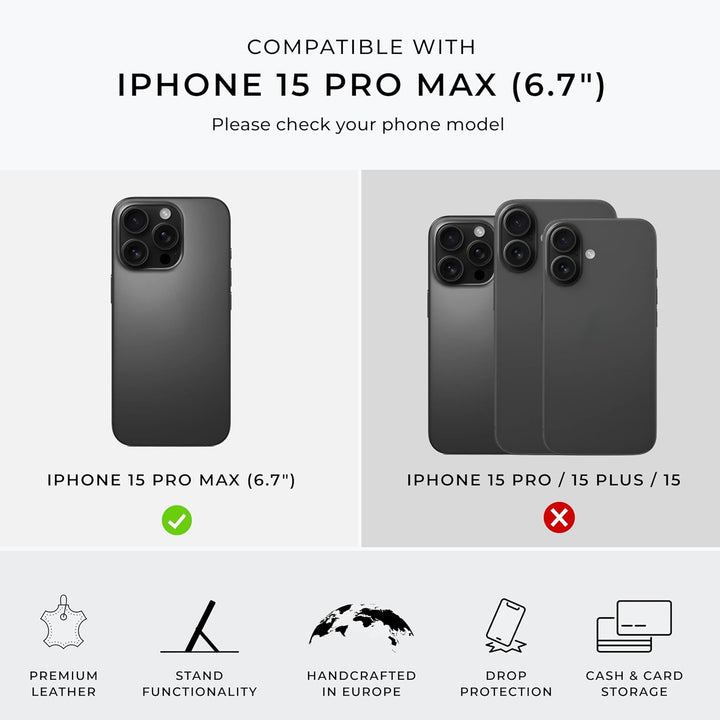Snakehive Lederhülle für iPhone 15 Pro Max - Echtleder Handyhülle mit Standfunktion und Kartenfächer
