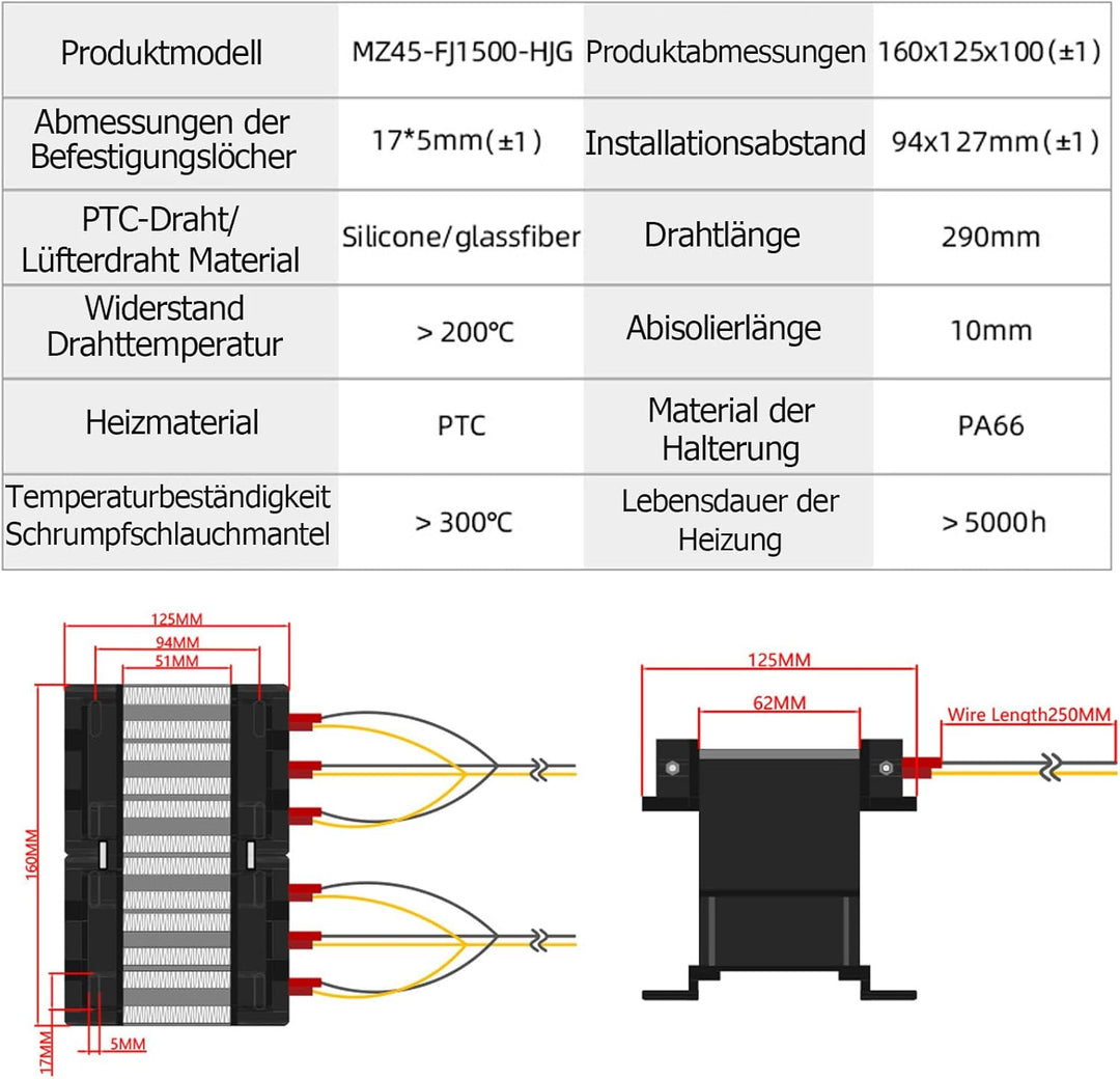 PTC-Heizelement 220V 1500W PTC-Keramik-Luftheizgerät, Elektrisch isolierte Keramik-Thermostat-Hochle