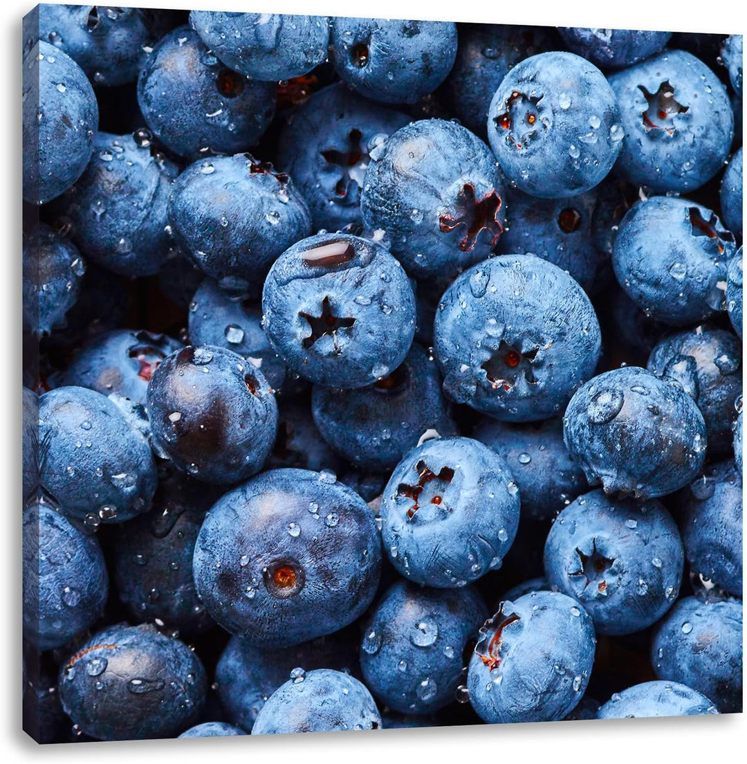 Pixxprint Blaubeeren mit Wassertropfen als Leinwandbild/Grösse: 70x70 cm/Wandbild/Kunstdruck/fertig