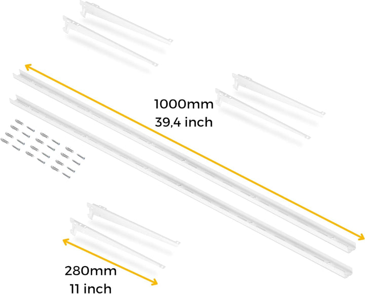 Emuca - Wandbefestigungsschienen und Jagmet-Regalträger, 280, Weiss, Stahl 280mm Profil 1m + Stützen