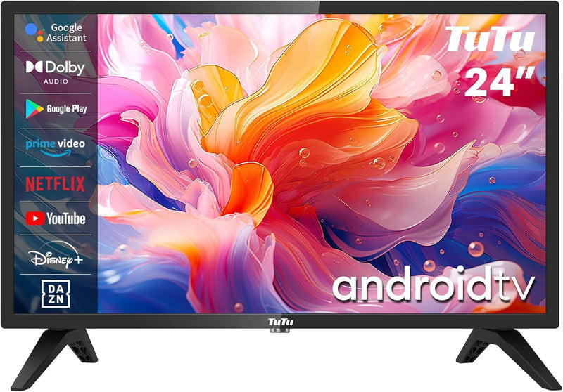 TuTu 24 Zoll Smart TV Fernseher HD Android TV Dolby Audio Triple Tuner(DVB-T2/S2/C) Google Play Stor