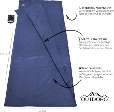 Outdoro Hüttenschlafsack, Ultra-Leichter Reise-Schlafsack - nur 350 g aus Reiner Baumwolle mit Kisse