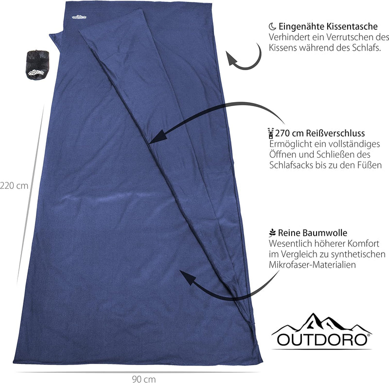 Outdoro Hüttenschlafsack, Ultra-Leichter Reise-Schlafsack - nur 350 g aus Reiner Baumwolle mit Kisse