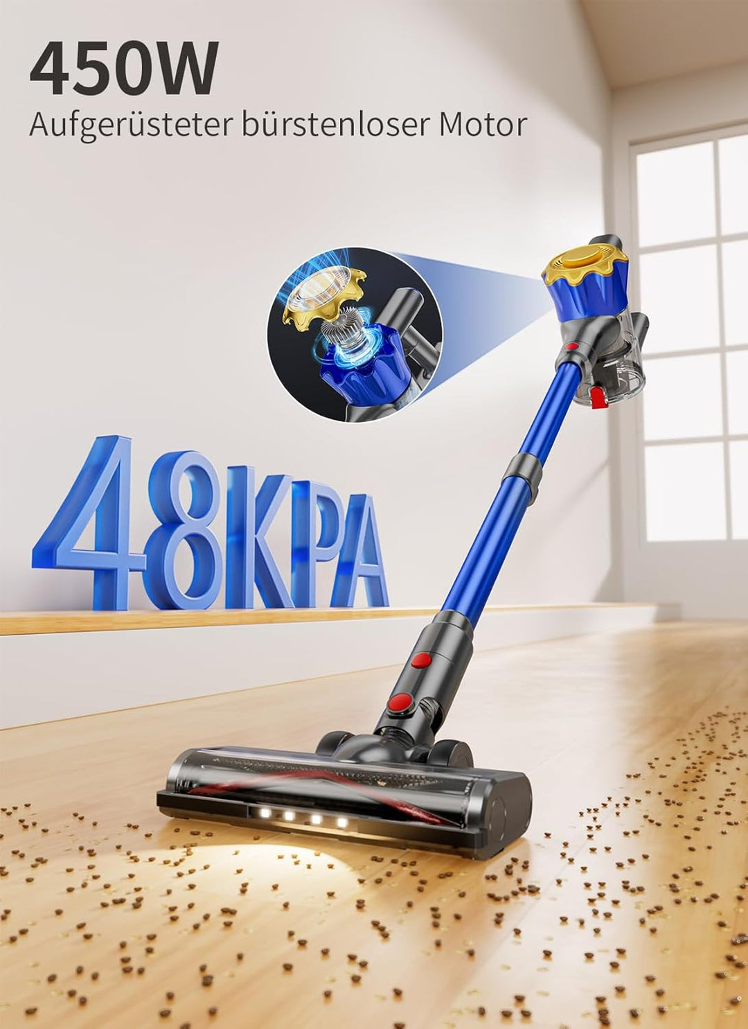 Akku Staubsauger, 40000Pa/450W Staubsauger Kabellos mit Smart Display Bis zu 50 Minuten Laufzeit Cor