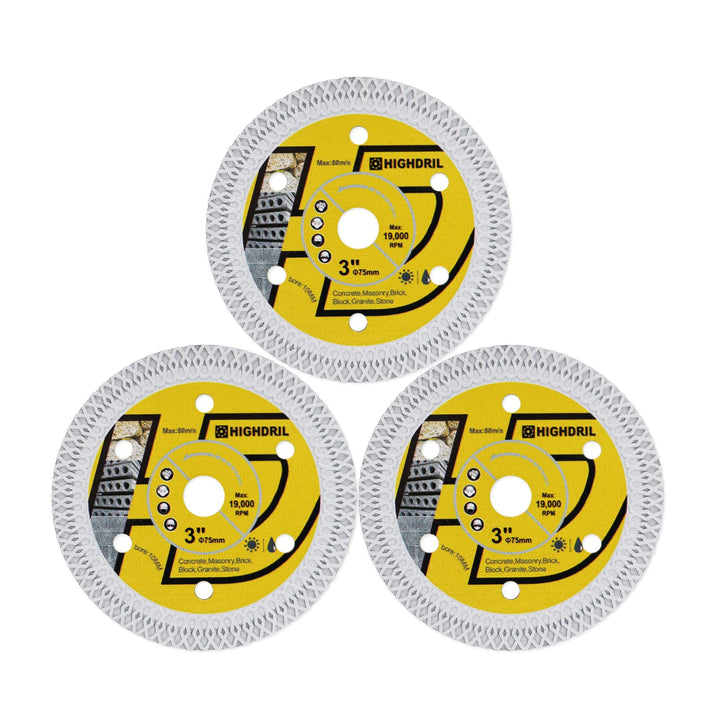 HIGHDRIL Diamant-Fliesenscheibe 75mm x 10mm, 3STK X-Zähne Betonsägeblatt für Granit, Hartbeton, Hart