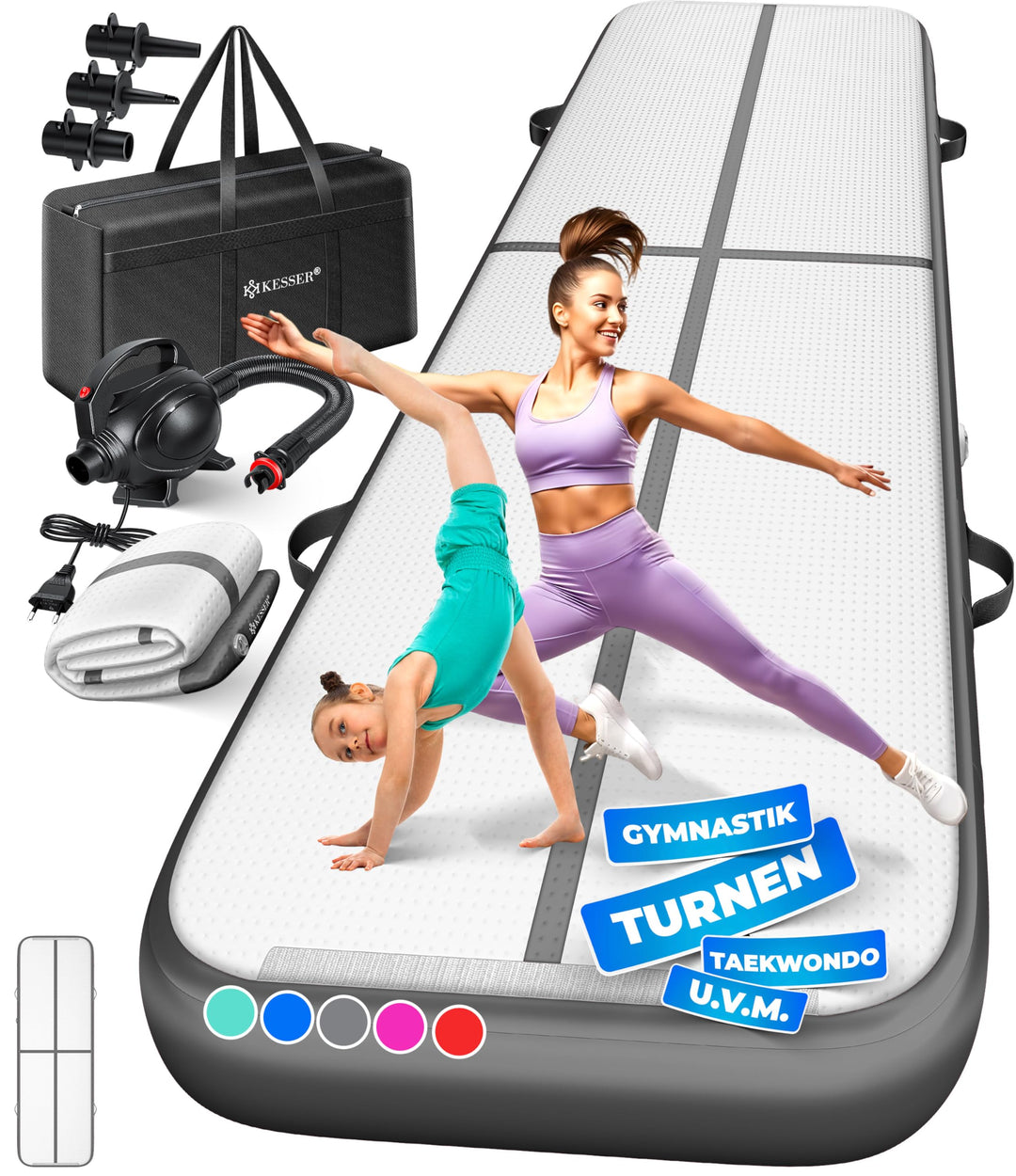 KESSER® Turnmatte Aufblasbar Airtrack Fitness-Matte Gymnastikmatte | inkl. Tragetasche & elektr. Luf