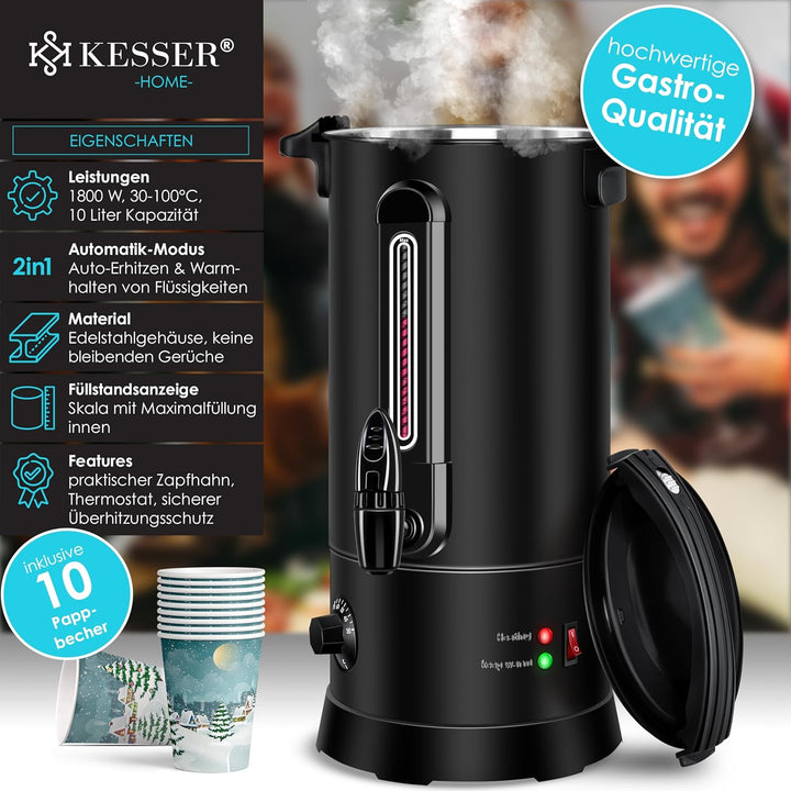 KESSER® Glühweinkessel 10L Edelstahl Inkl. 10x Becher Glühweinkocher mit Thermostat Glühweinautomat
